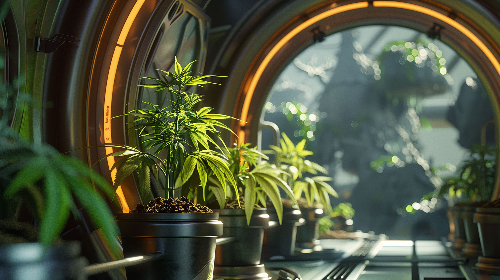 Cannabis Pflanze im Topf aufgezogen im Raumschiff